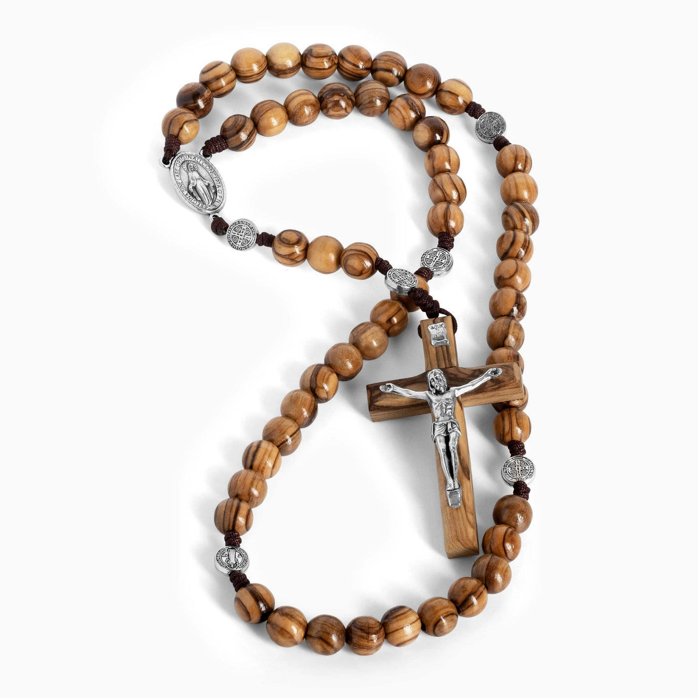Kalung, Rosario, Manik-manik Kayu Zaitun 10Mm Impor, Buatan Tangan, Dikombinasikan dengan mendali Bunda Maria, Salib St. Benediktus