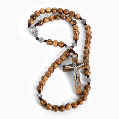 Kalung, Rosario, Manik-manik Kayu Zaitun 10Mm Impor, Buatan Tangan, Dikombinasikan dengan mendali Bunda Maria, Salib St. Benediktus