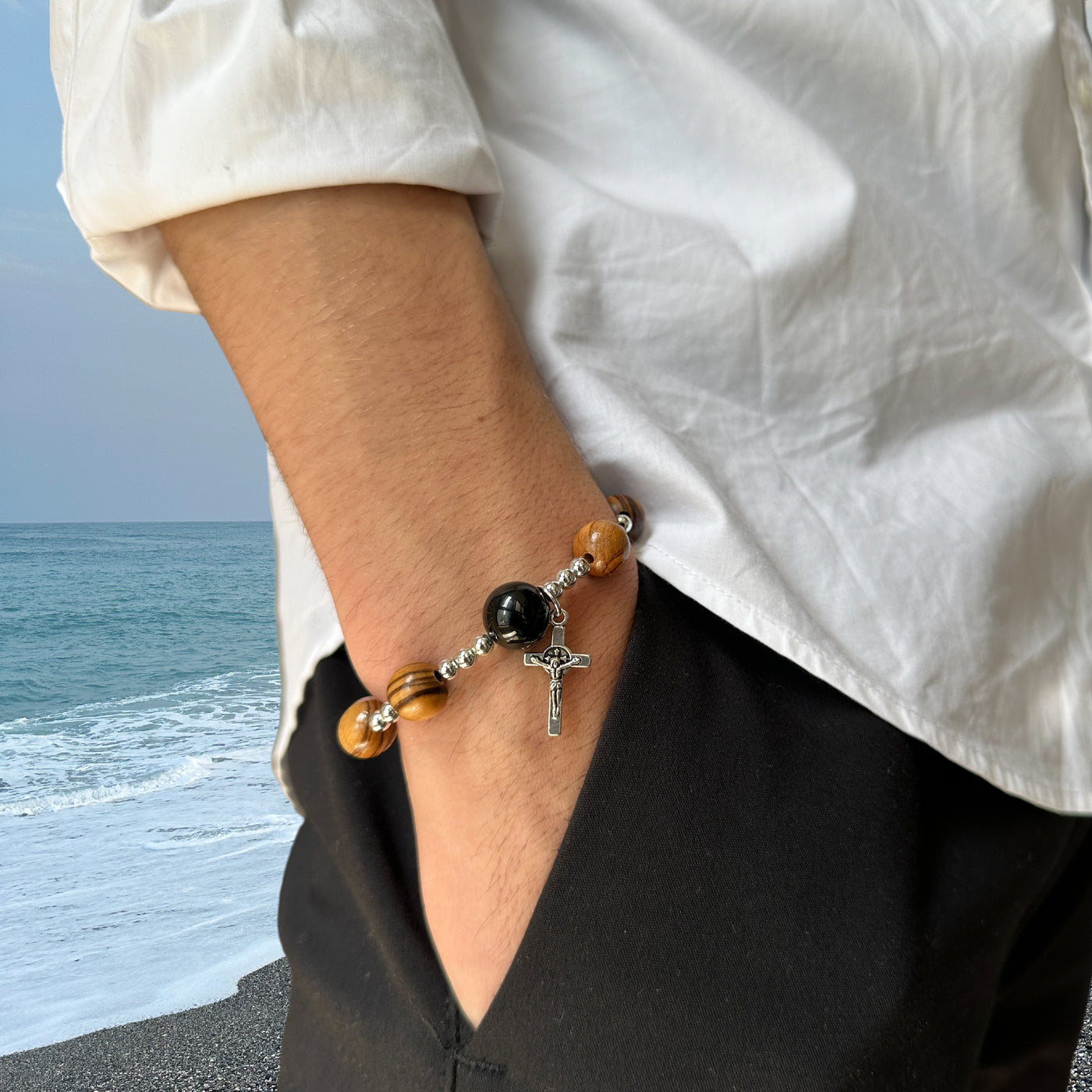 Gelang Impor 8Mm Manik-manik Kayu Zaitun 12Mm Batu Akik Hitam Salib Manik-manik Perak