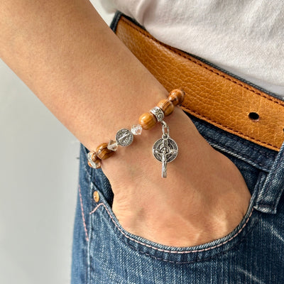 Gelang Kristal Putih Swarovski 5Mm + 8Mm Manik-manik Kayu Zaitun Liontin St. Benediktus Salib Yesus