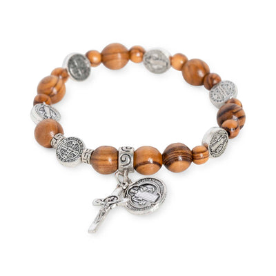 Gelang Impor 5Mm + 8Mm Manik-manik Kayu Zaitun Liontin St. Benediktus Salib Yesus