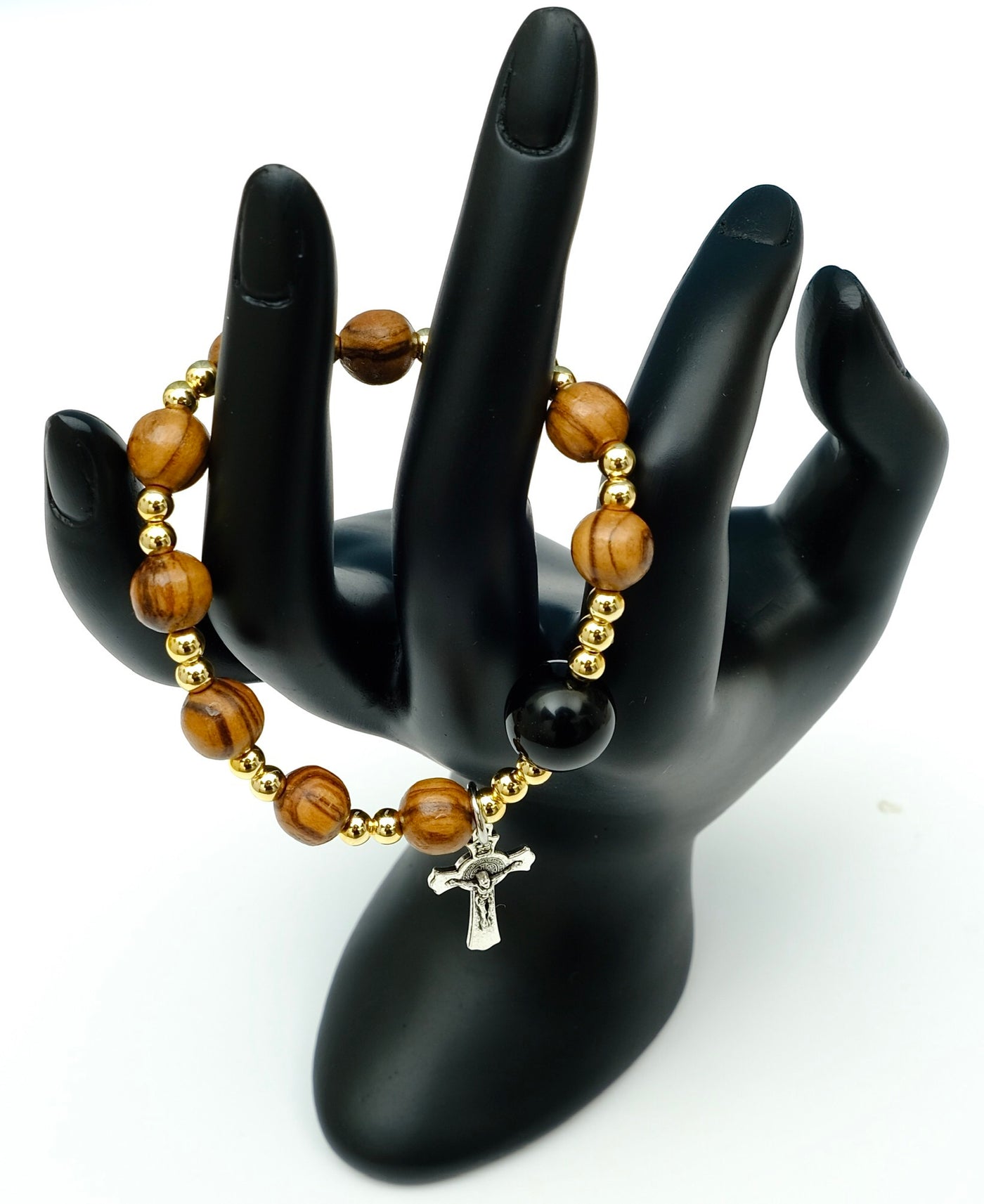 Gelang Impor 8Mm Manik-manik Kayu Zaitun 12Mm Batu Akik Hitam Manik-manik Spacer Emas Salib Yesus 8250038