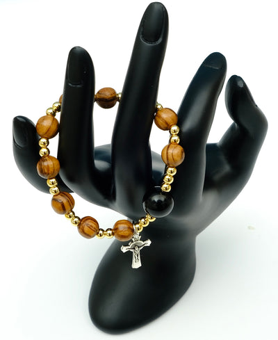 Gelang Impor 8Mm Manik-manik Kayu Zaitun 12Mm Batu Akik Hitam Manik-manik Spacer Emas Salib Yesus 8250038