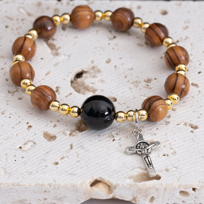 Gelang Impor 8Mm Manik-manik Kayu Zaitun 12Mm Batu Akik Hitam Manik-manik Spacer Emas Salib Yesus 8250038