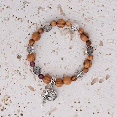 Gelang Swarovski Amethyst 5mm + 8mm Manik-manik Kayu Zaitun Salib Liontin Saint Benedict