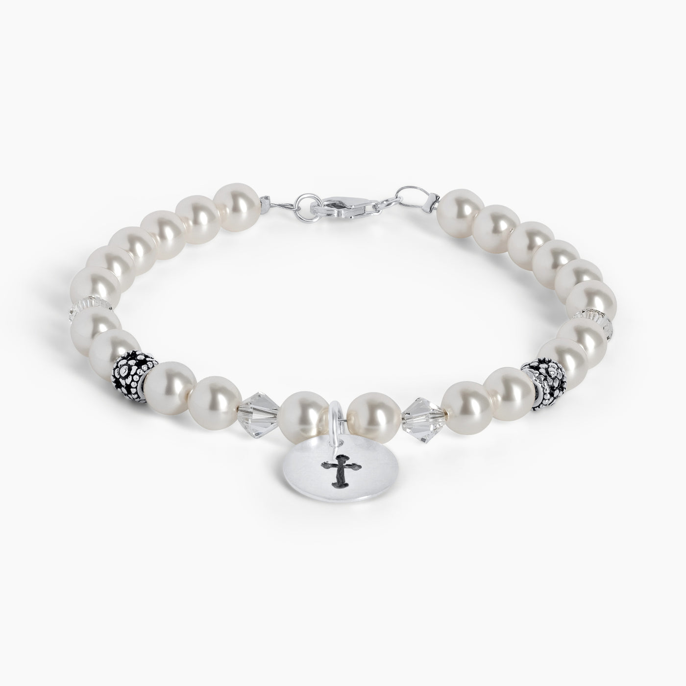 Vòng đeo tay 925 Cá Chúa Giêsu bạc tinh khiết Swarovski trong suốt pha lê 8mm trắng crystal pearl 8250071
