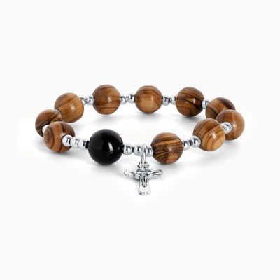 Gelang Impor 8Mm Manik-manik Kayu Zaitun 12Mm Batu Akik Hitam Salib Manik-manik Perak