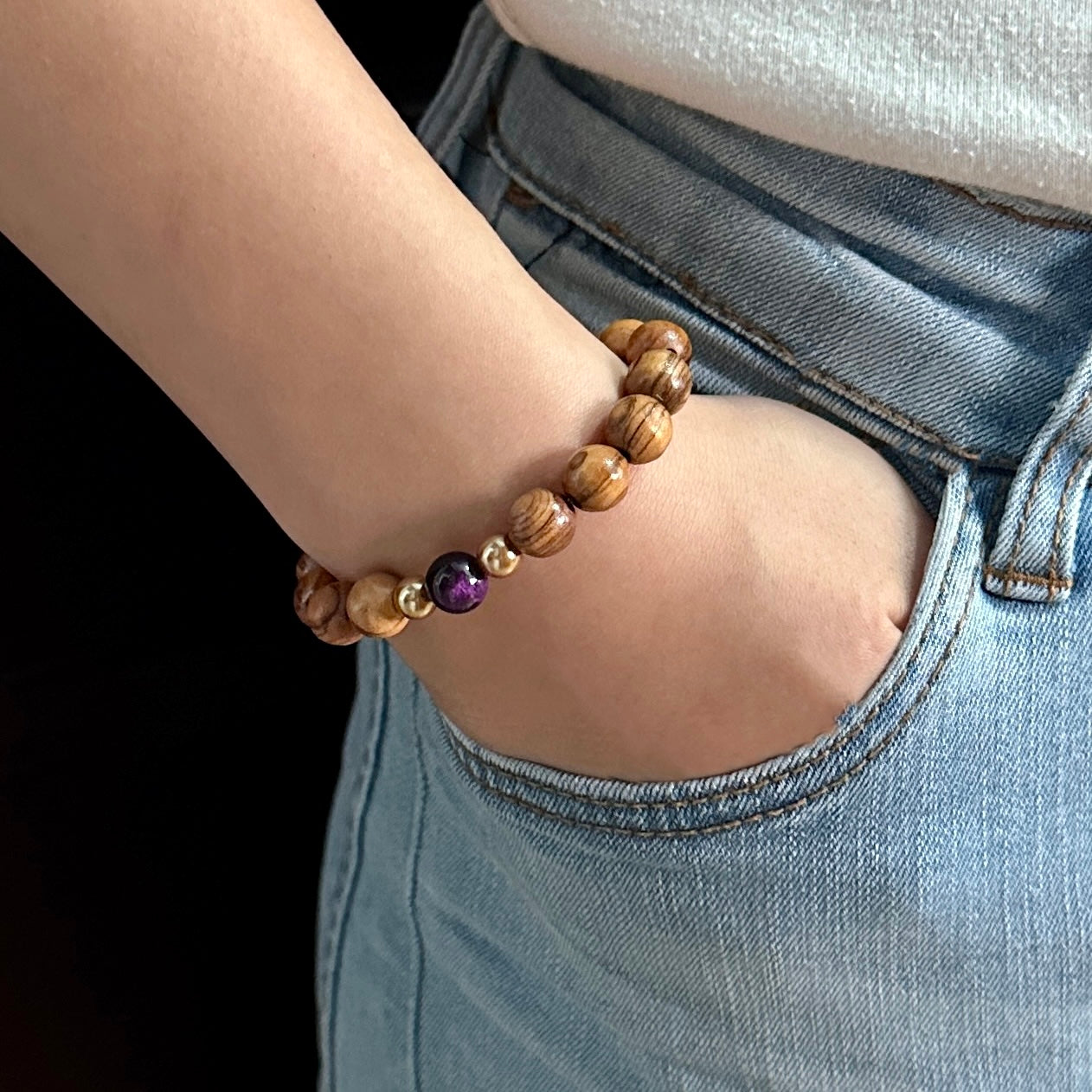 Bracelet purple tiger eyes stone Swarovski pearls 925 sterling silver olive wood