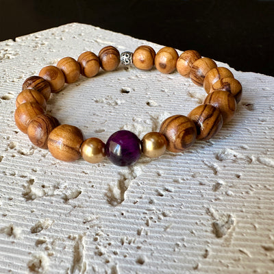 Bracelet purple tiger eyes stone Swarovski pearls 925 sterling silver olive wood
