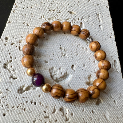 Bracelet purple tiger eyes stone Swarovski pearls 925 sterling silver olive wood