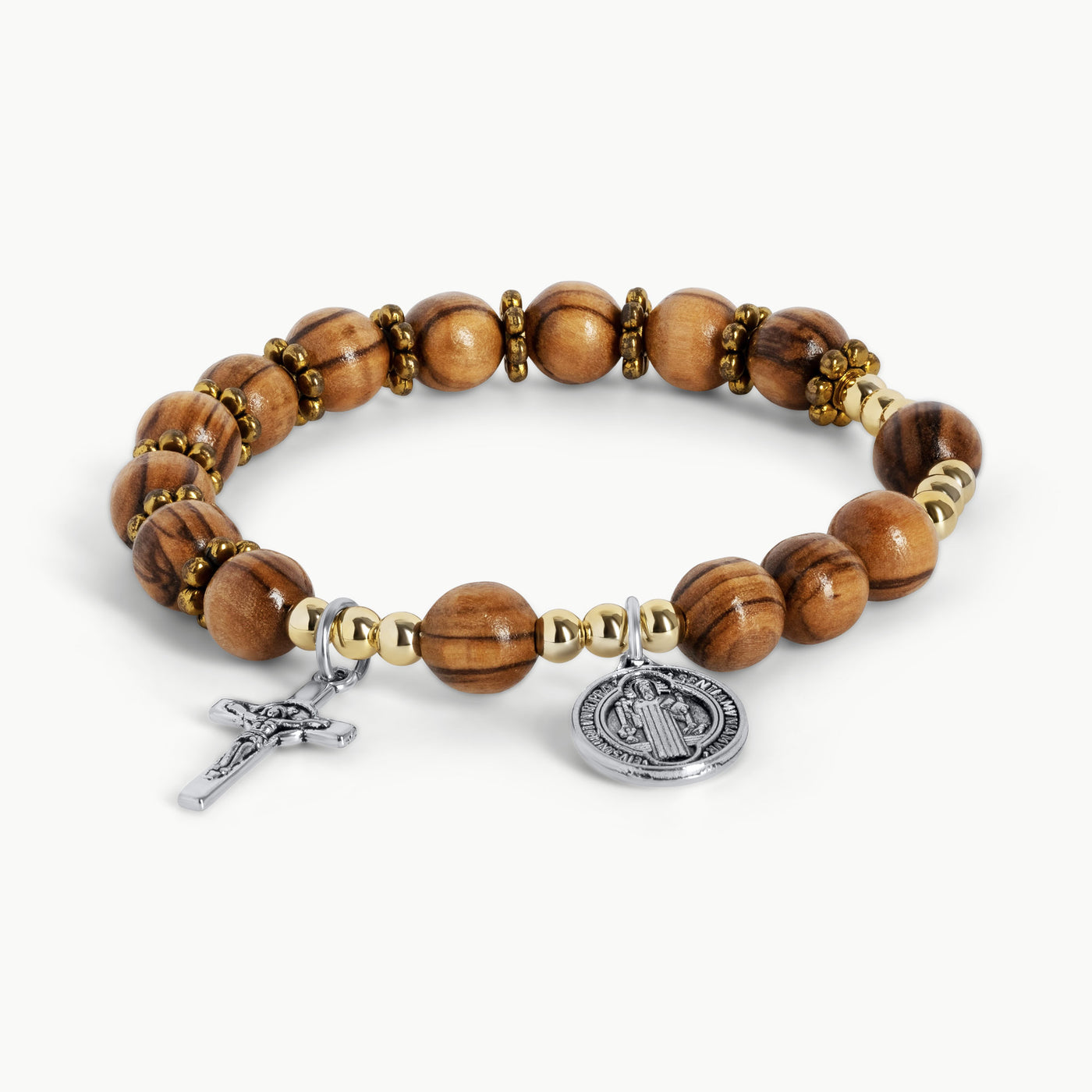Gelang 8Mm Manik-manik Kayu Zaitun Impor dengan Bentuk Emas Salib St. Benediktus 82508a1