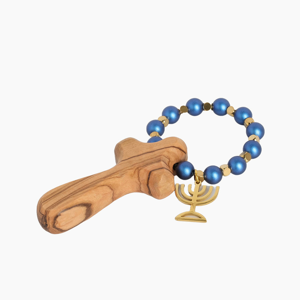 Blue and gold menorah olive wood cross car or bike decoration