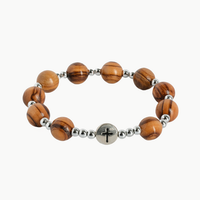 Bracelet Imported Olive Wood Beads Silver Beads with Eternal Life Cross 8250821/1008