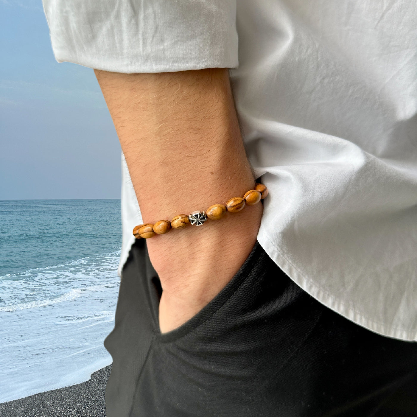 Bracelet imported 9mm oval olive wood beads with cross 8250869 