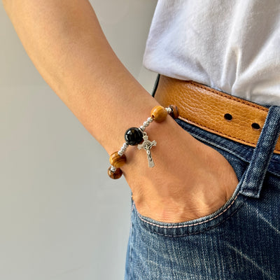 Gelang Impor 8Mm Manik-manik Kayu Zaitun 12Mm Batu Akik Hitam Salib Manik-manik Perak