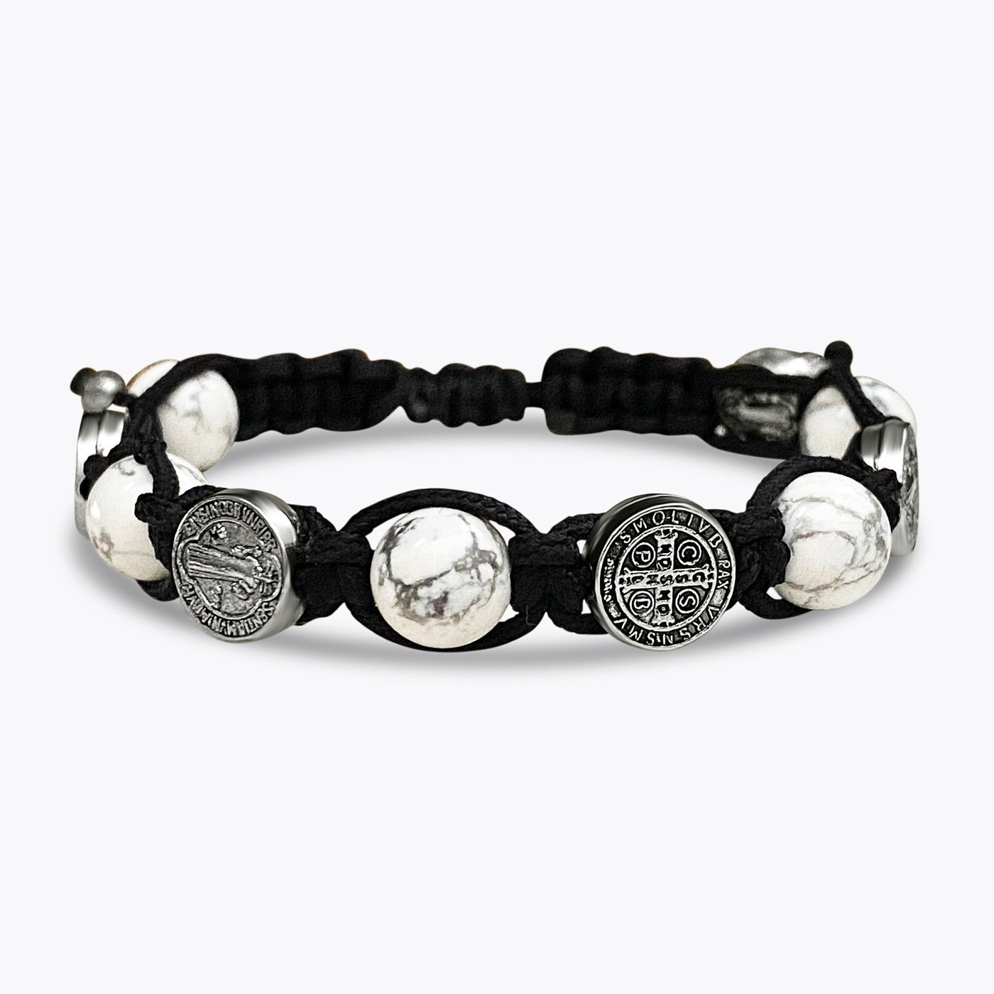 Gelang ikon St. Benedict dengan tenunan tangan pirus putih 8mm ukuran tangan yang dapat disesuaikan berwarna hitam