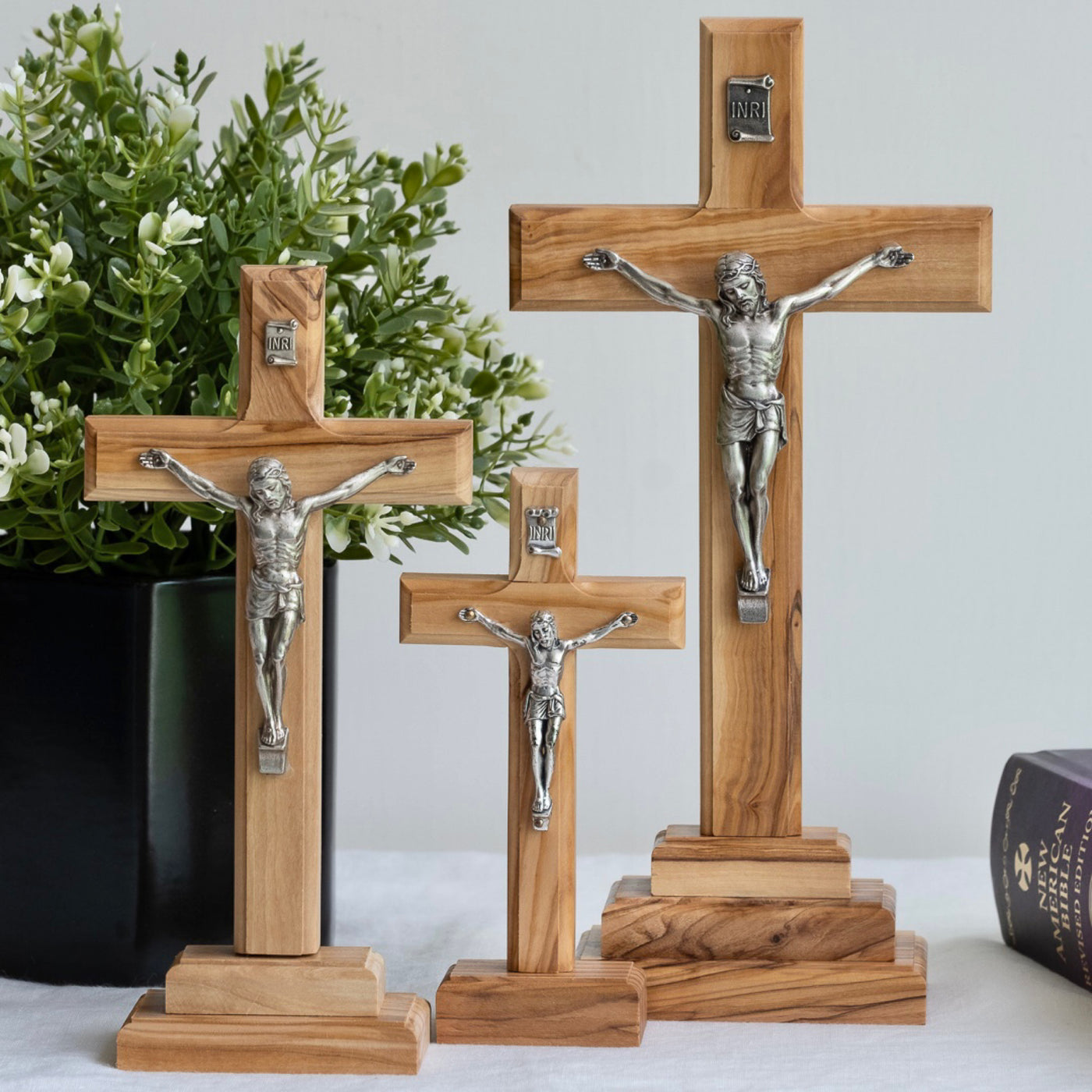 Standing Table Crucifix imported Olive Wood Cross On Wooden Stand Home Decor