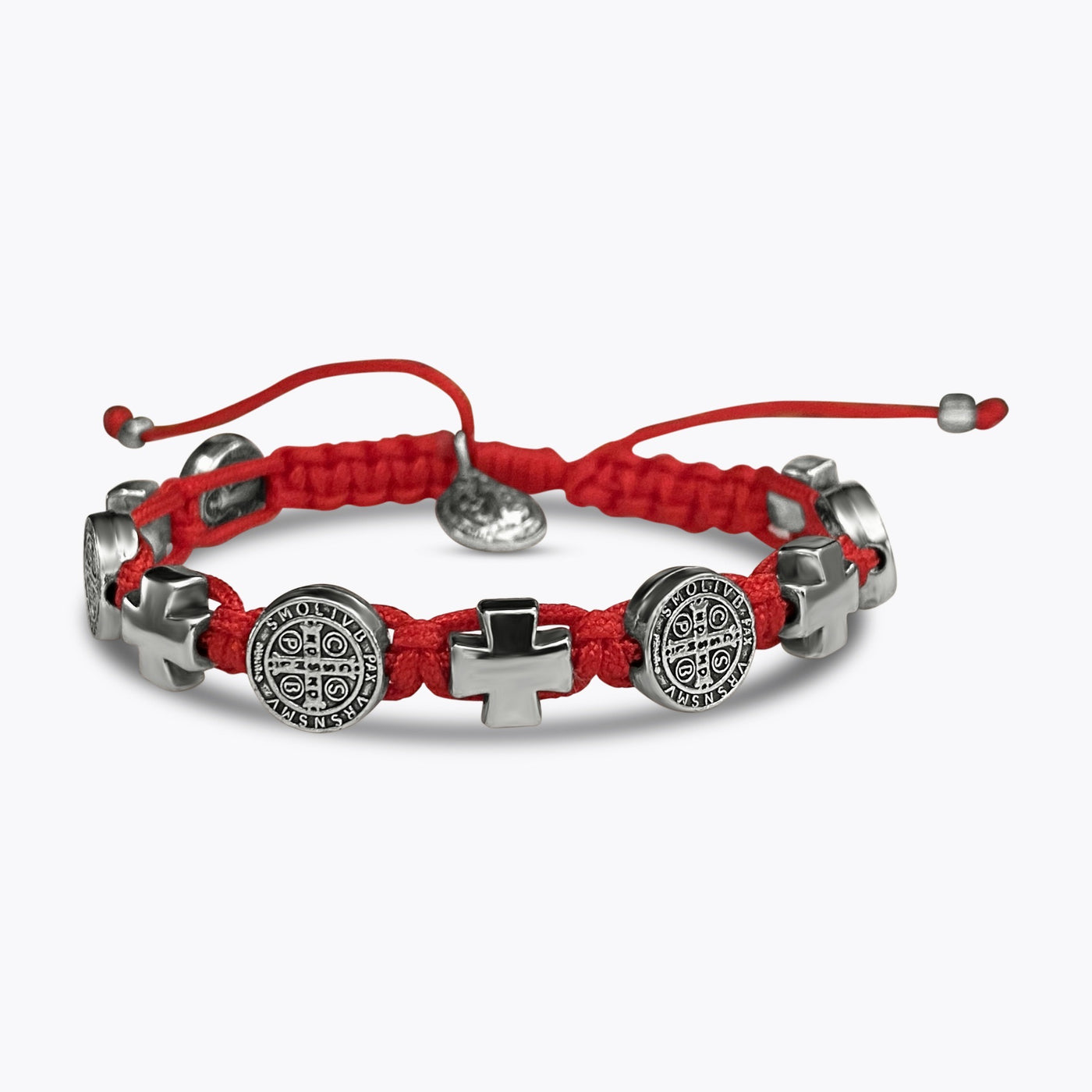 Gelang, rajutan tangan, ukuran bisa di sesuaikan, salib st.Benedict dua sisi, merah