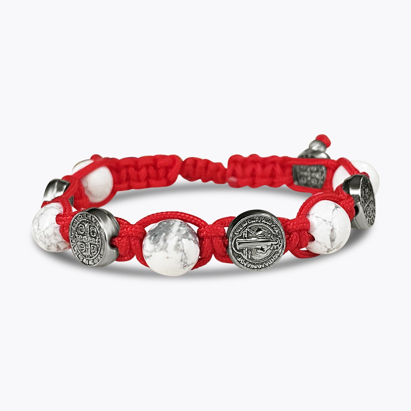 Gelang ikon St. Benedict dengan tenunan tangan pirus putih 8mm ukuran tangan yang dapat disesuaikan berwarna merah