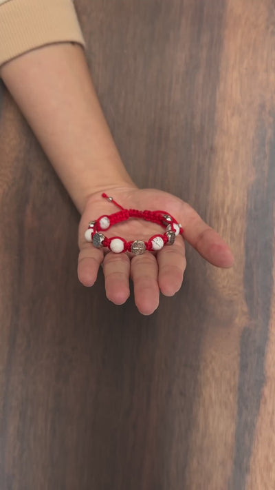 Gelang ikon St. Benedict dengan tenunan tangan pirus putih 8mm ukuran tangan yang dapat disesuaikan berwarna merah