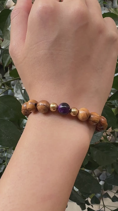 Bracelet purple tiger eyes stone Swarovski pearls 925 sterling silver olive wood