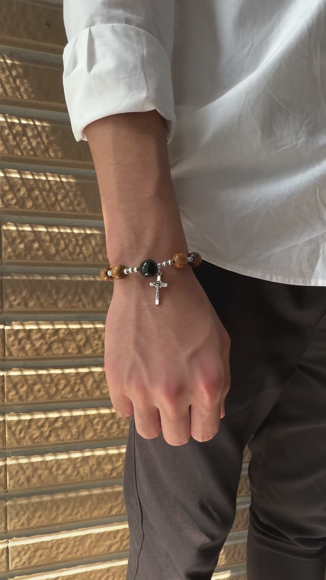 Gelang Impor 8Mm Manik-manik Kayu Zaitun 12Mm Batu Akik Hitam Salib Manik-manik Perak