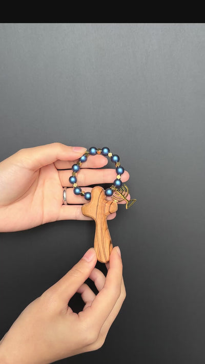 Blue and gold menorah olive wood cross car or bike decoration