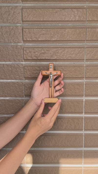 Standing Table Crucifix imported Olive Wood Cross On Wooden Stand Home Decor
