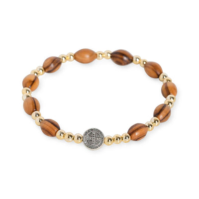 Gelang Impor Manik-manik Kayu Zaitun Oval 9Mm dengan Manik-manik Spacer Emas Dikombinasikan dengan Medali Suci St. Benediktus 8250882