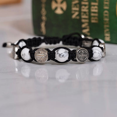 Gelang ikon St. Benedict dengan tenunan tangan pirus putih 8mm ukuran tangan yang dapat disesuaikan berwarna hitam