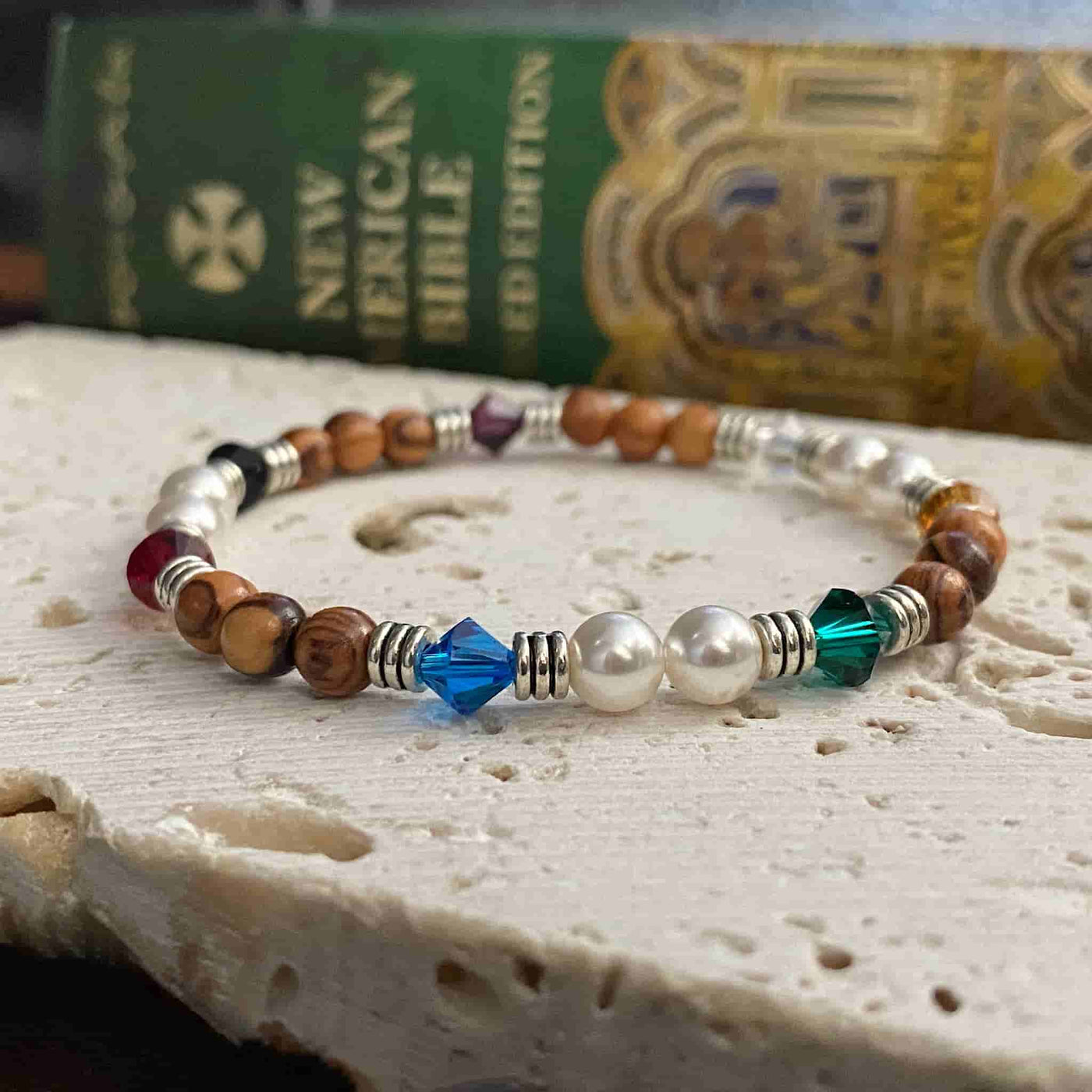 Gospel bracelet Imported 5mm olive wood beads with Swarovski crystal pearls